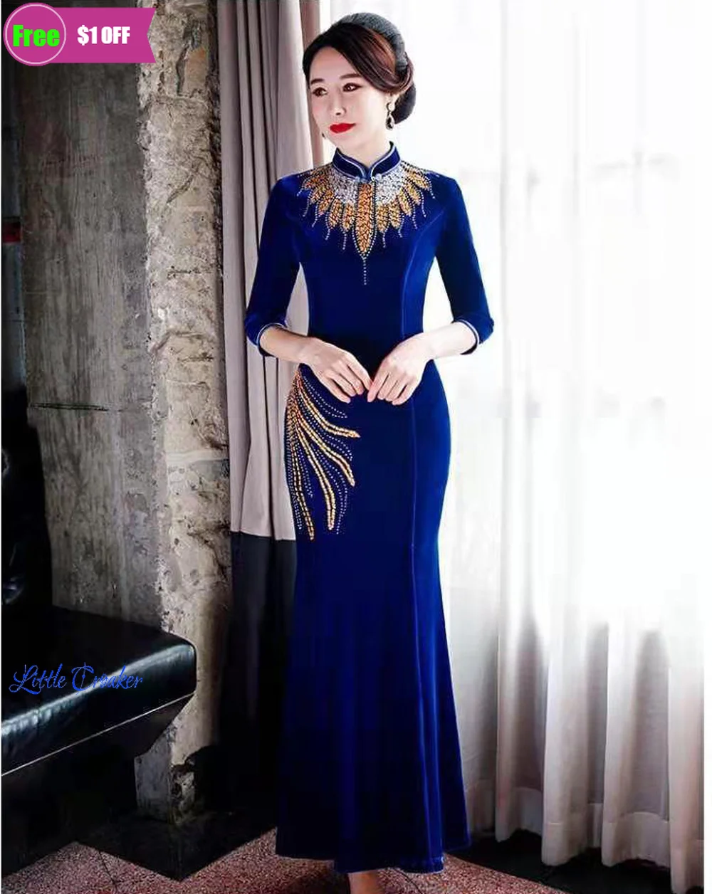 

Oversize 4XL Sexy Velour Sequin Beaded Winter Cheongsam Women Slim Velvet Qipao Elegant Evening Party Dress Half Sleeve Vestidos