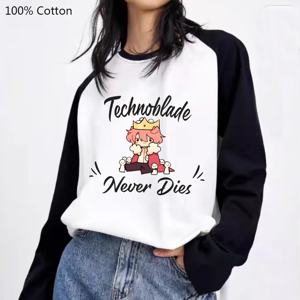

Dream Smp Hot Game T-shirt Technoblade Never Dies Patchwork Tshirt Black-white Long Sleeve 100% Cotton Tee-shirt Kawaii Cartoon