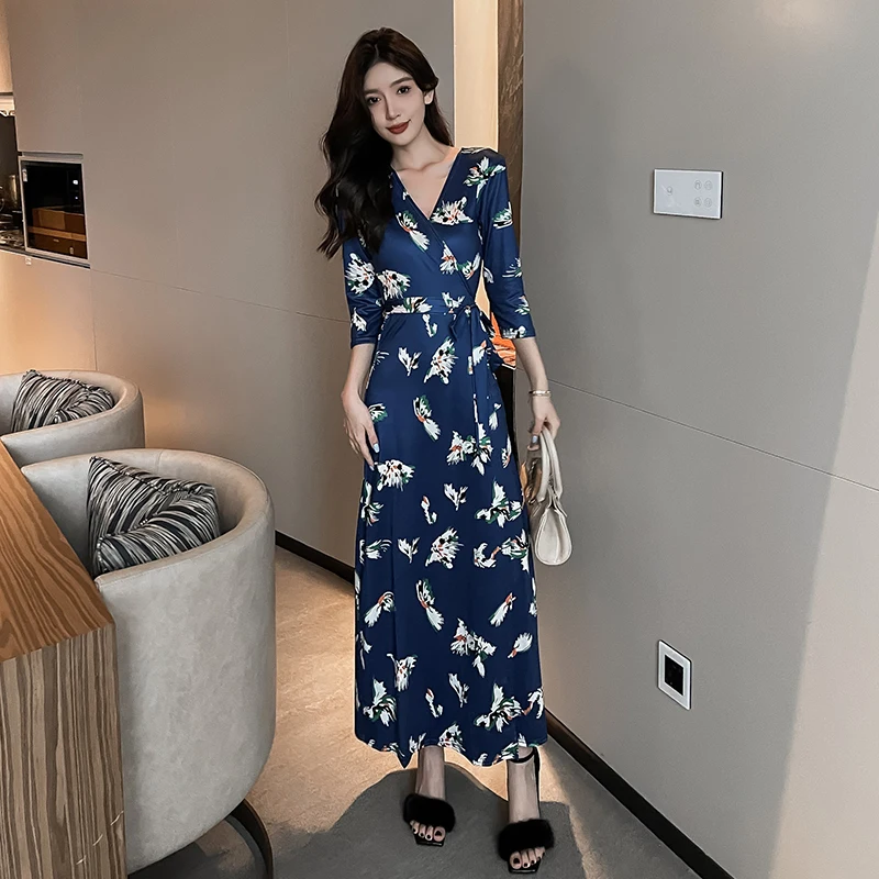 

Bird Print Three-quarter Sleeve Korea Women Bohemian Beach Casual Maxi Wrap Dresses Lace-up Slim Waist Elegant Ladies Holiday