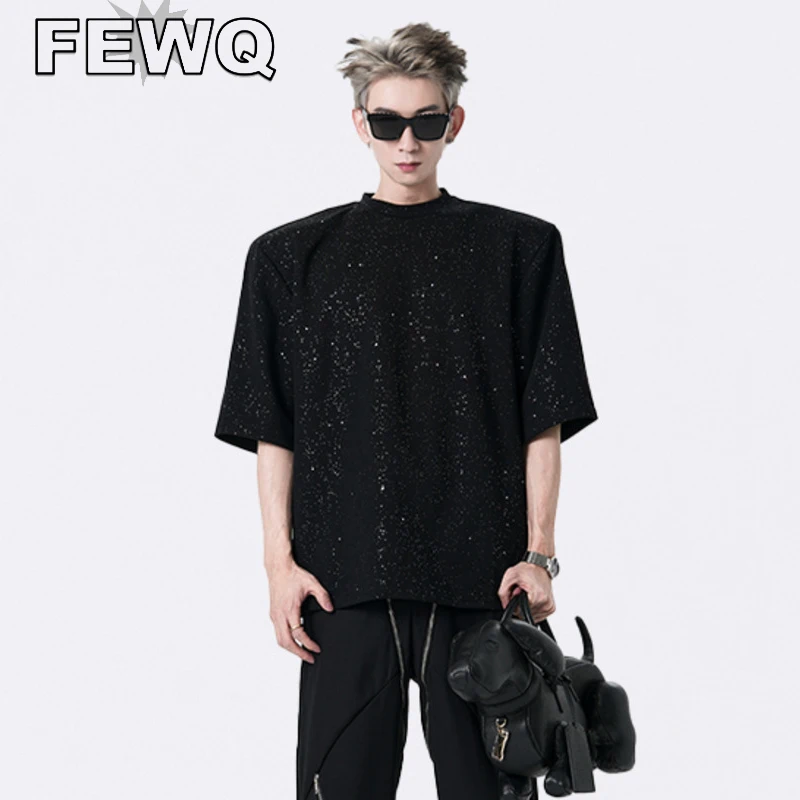 

FEWQ Sequin Half Sleeve T-shirts Men's High Street Niche Design Male Shoulder Pad Tee Solid Color Casual 2023 Summer Top 24B2885