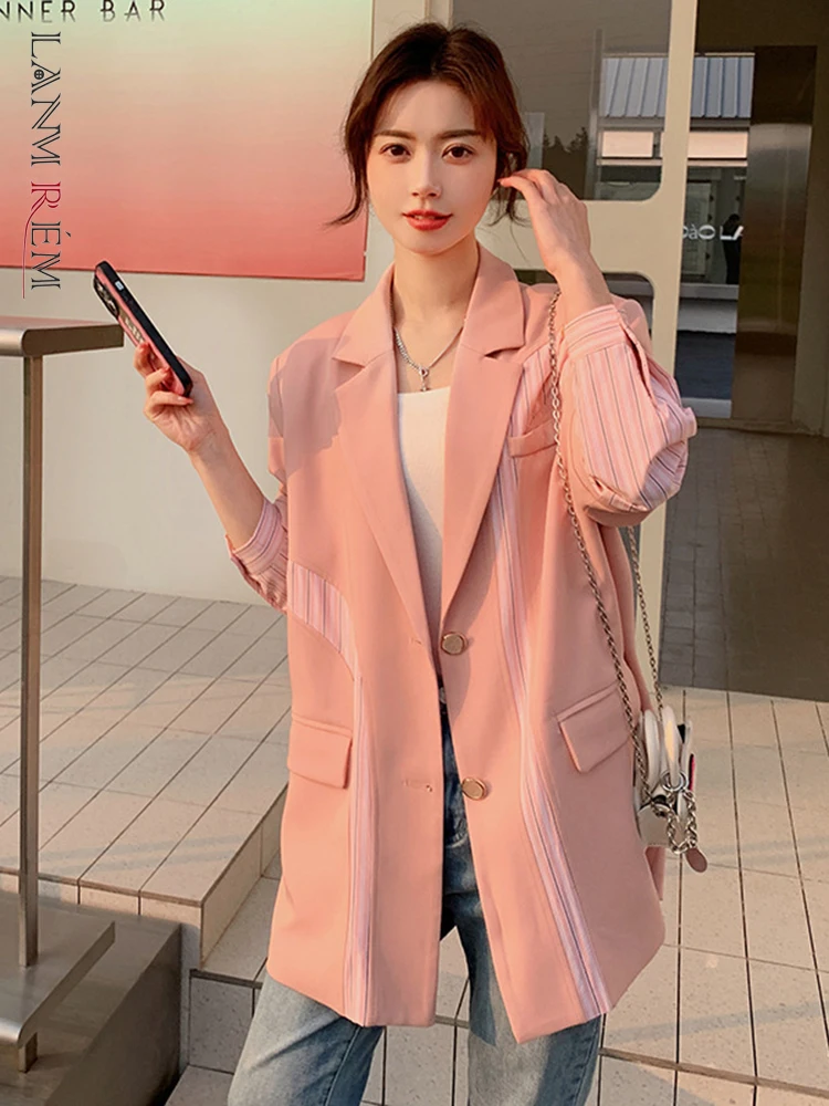 

LANMREM корейский Блейзер Пальто для женщин однобортный длинный рукав лоскутное Полосатое пальто женская одежда Новинка 2023 2YA3839