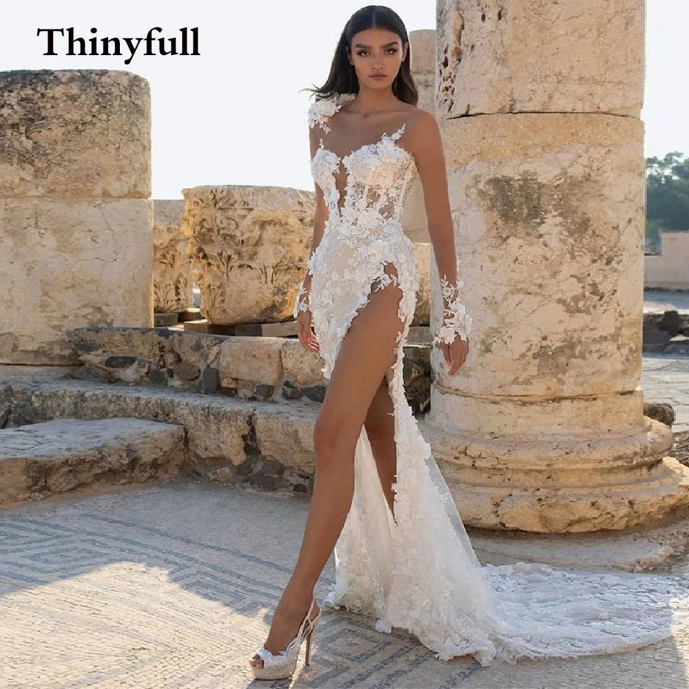 

Thinyfull Sexy 2022 Sweethear Long Flower Wedding Dresses Bohemian High Side Slit Lace Mermaid Beach Bridal Gowns Vestidos