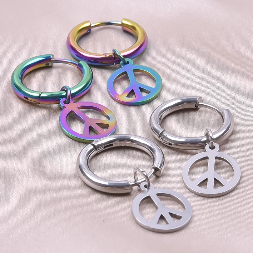 

Titanium Steel Fashion Peace Sign Tassels Dangle Ear bone Circle Punk Rainbow Charm Hoop Set Earrings for Women Trendy Jewelry