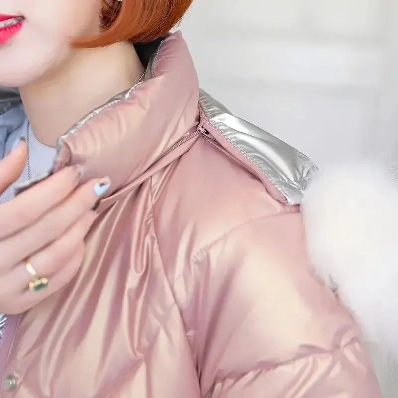 New Winter Jacket Women Parkas Long Glossy Down Cotton Padded Parka Fur Collar Hooded Female Jacket Thicken Warm Outwear