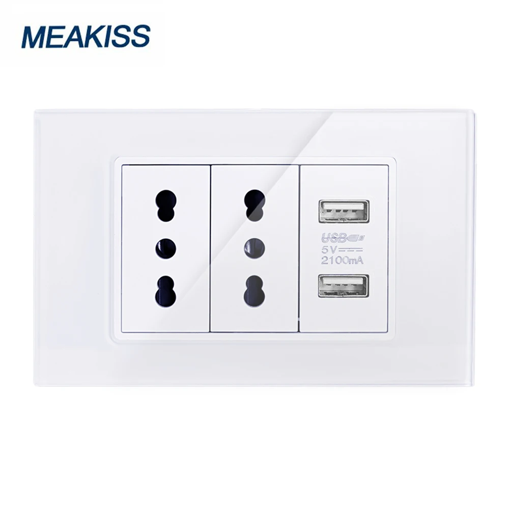 

MEAKISS Chile Italy socket 2USB 5V 2.1A fast charge tempered glass panel wall household power plug double socket 16A