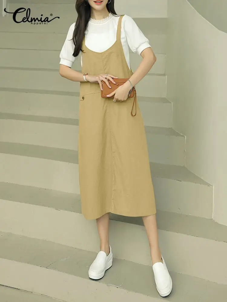 

2022 Solid Color Apron Dress Women Midi Sundress Celmia Fashion Pocket Long Overalls Autumn Holiday All-match Suspender Skirt