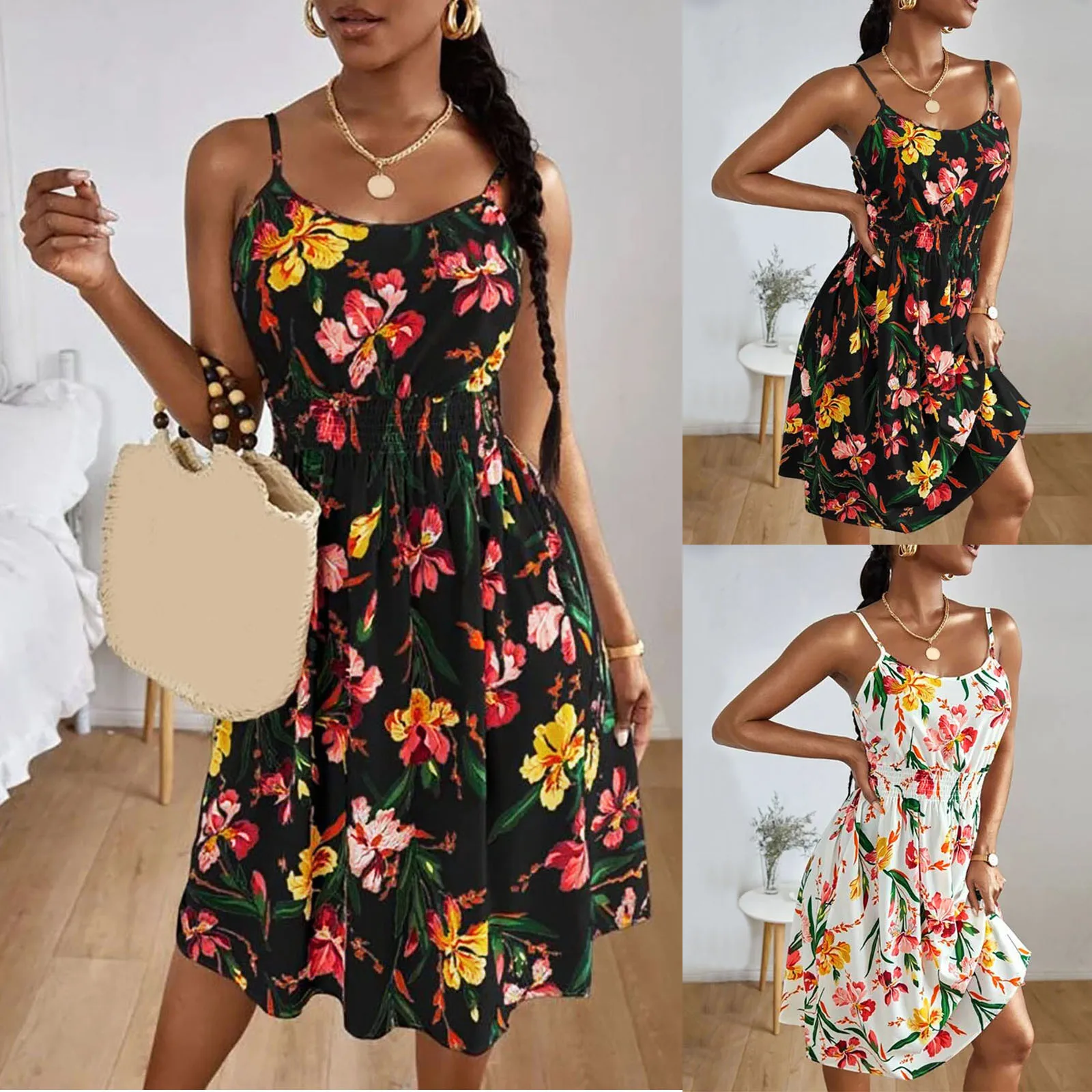 

Womens Crewneck Summer Spaghetti Strap Dresses Floral Print Sleeveless Short Dress Casual Thanksgiving Dress for Women