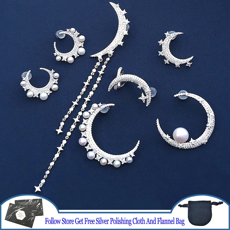 

Natural Pearl Moon Star Tassel Earrings S925 Sterling Silver Light Luxury High Quality Classic Style Women Bohemian Jewelry Gift