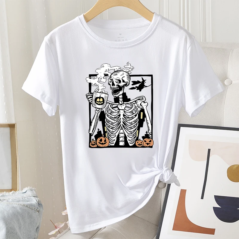 

Женская летняя повседневная футболка с графическим принтом, модная женская футболка на Хэллоуин с коротким рукавом и принтом черепа, женск...