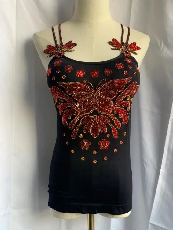 

Женские топы на бретельках с бабочкой, красные, золотые майки с драгоценными камнями, женские спортивные майки, Женский Топ с подкладкой, женские майки с подкладкой