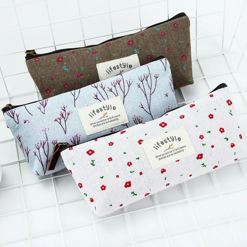 

Floral Flower Canvas Zipper Pencil Cases Lovely Fabric Linen Tree Pen Cute Kawaii Bags Pouch Office School Students Supplies