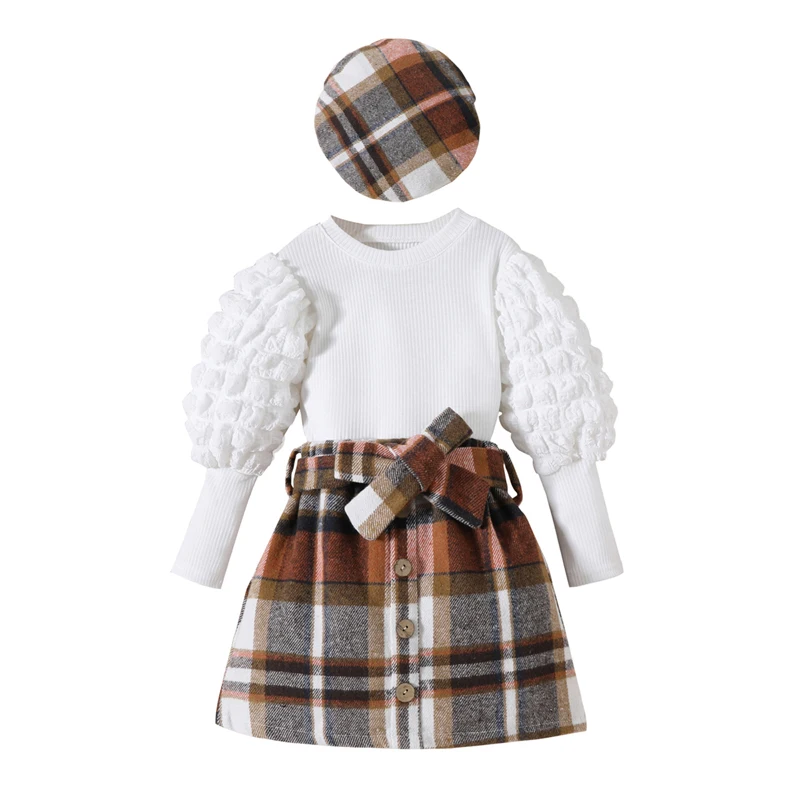 

Txlixc Детская осенняя юбка для девочек наряды детские топы с длинным пышным рукавом в рубчик клетчатая юбка с поясом берет наборы Детская одежда