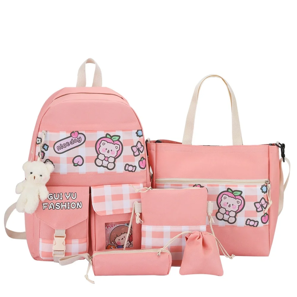 New Backpack Girl Student Schoolbag Lengai Cartoon Bag Five-piece Large-capacity Leisure Backpack Set School Bags