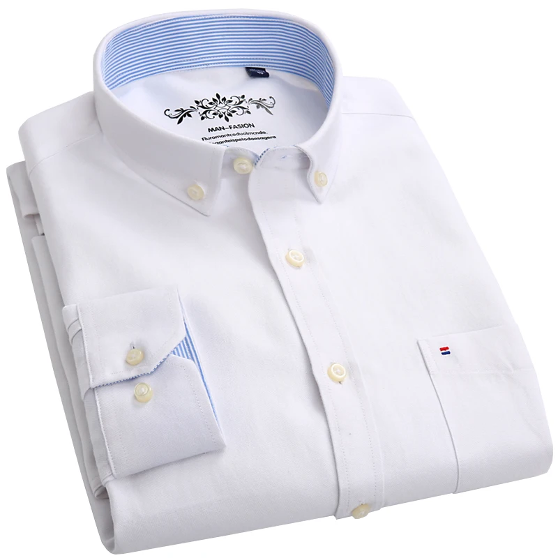 

Men's Shirts Long Sleeve Oxford Button Down Business Formal Casual Shirt Chest Pocket Thick Solid Stripe Brand Quality Tops Shir