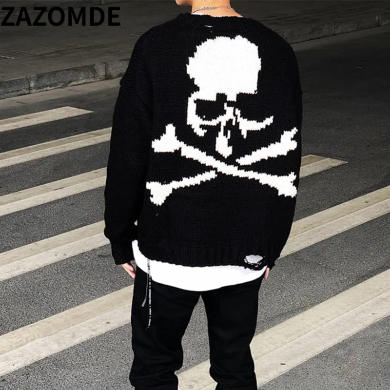 

Мужской зимний свитер, черный свободный винтажный свитер в стиле ретро с графическим принтом скелета, модные пуловеры в стиле хип-хоп