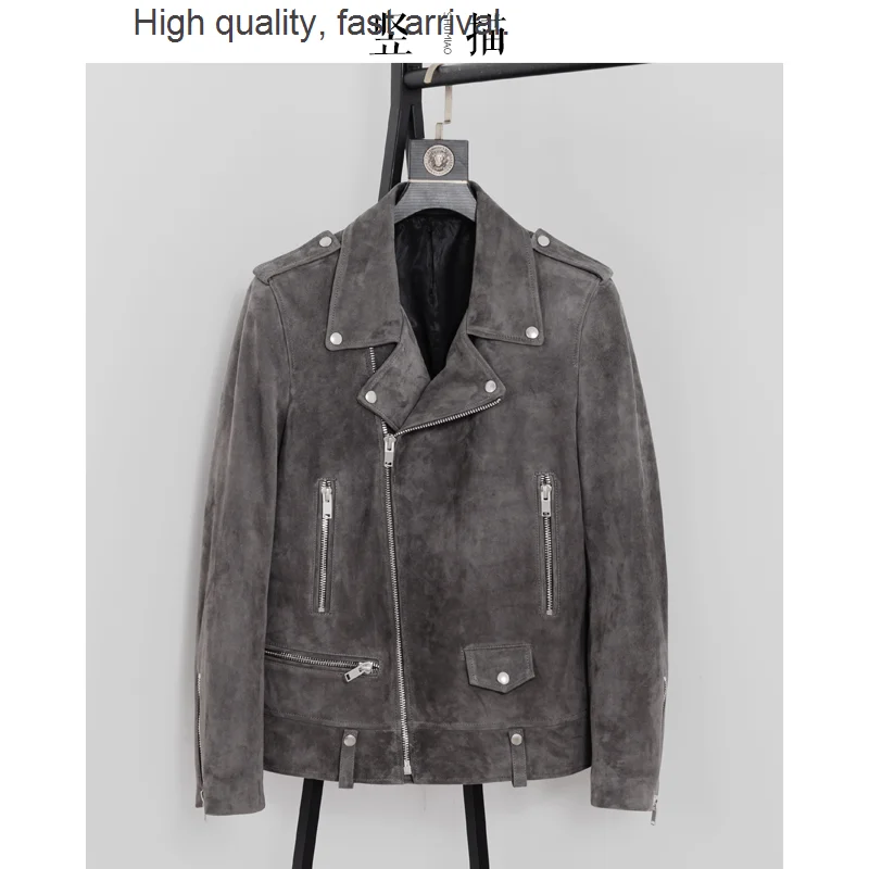 

New Genuine Spring Leather Clothes Men's Suede Goat Skin Motorcycle Clothing Jacket Trendy Coat