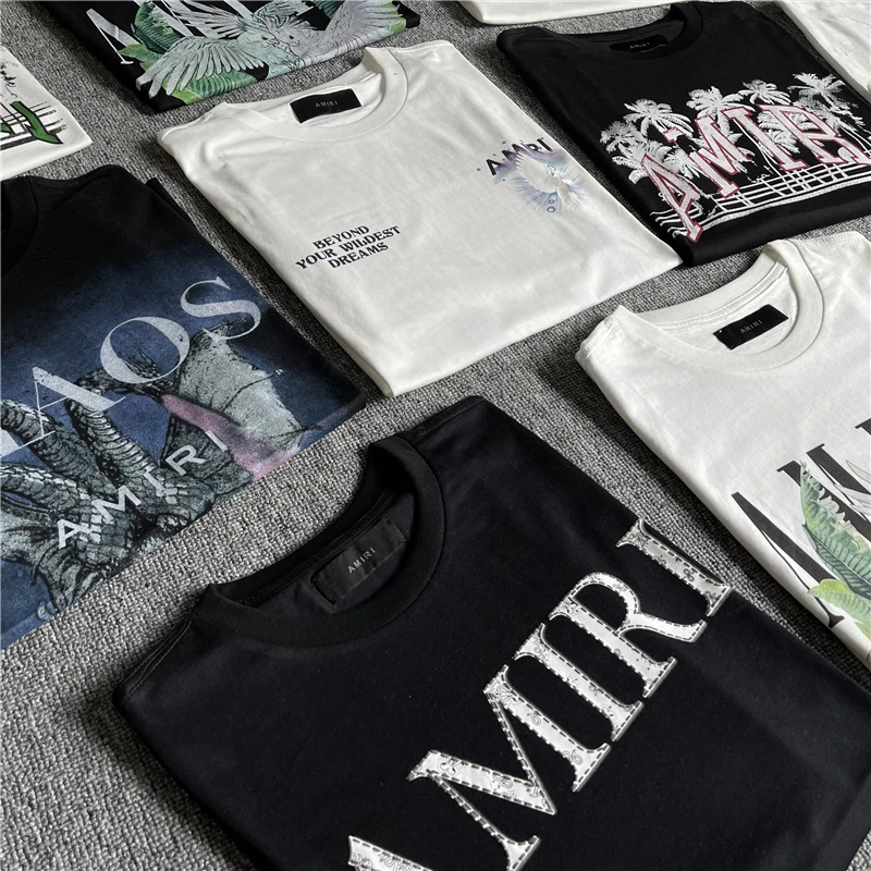 

Summer Tide Brand Men Cotton Tshirt AMIRI Letter Print Short-sleeved Top Tees Casual Loose Unisex High Street Round Neck T-shirt