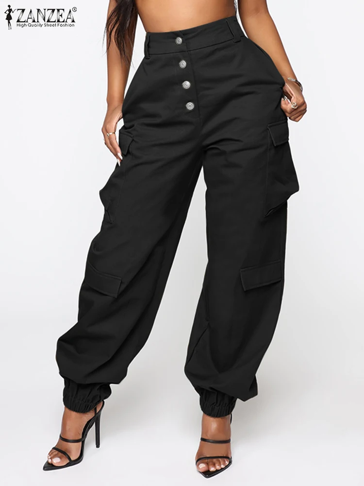 

ZANZEA Fashion Women High Waist Cargo Pants Spring Trousers Casual Button Pantalon Oversize Solid Long Turnip Palazzo Streetwear