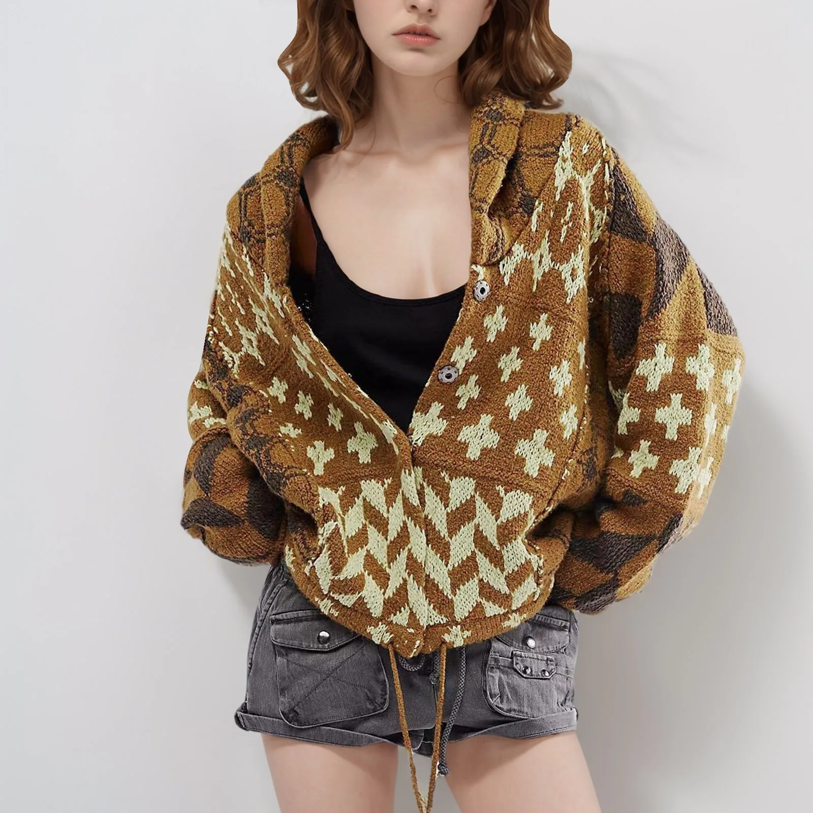 Женский вязаный мешковатый Длинный пуловер с абстрактным принтом и лацканами 2024