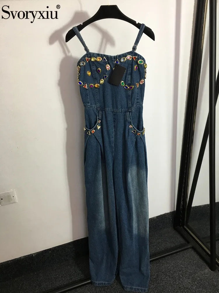 

Svoryxiu Spring Summer Fashion High Quality Spaghetti Strap Bodysuit Women Crystal Multi Pocket Daily Casual One-piece Trousers