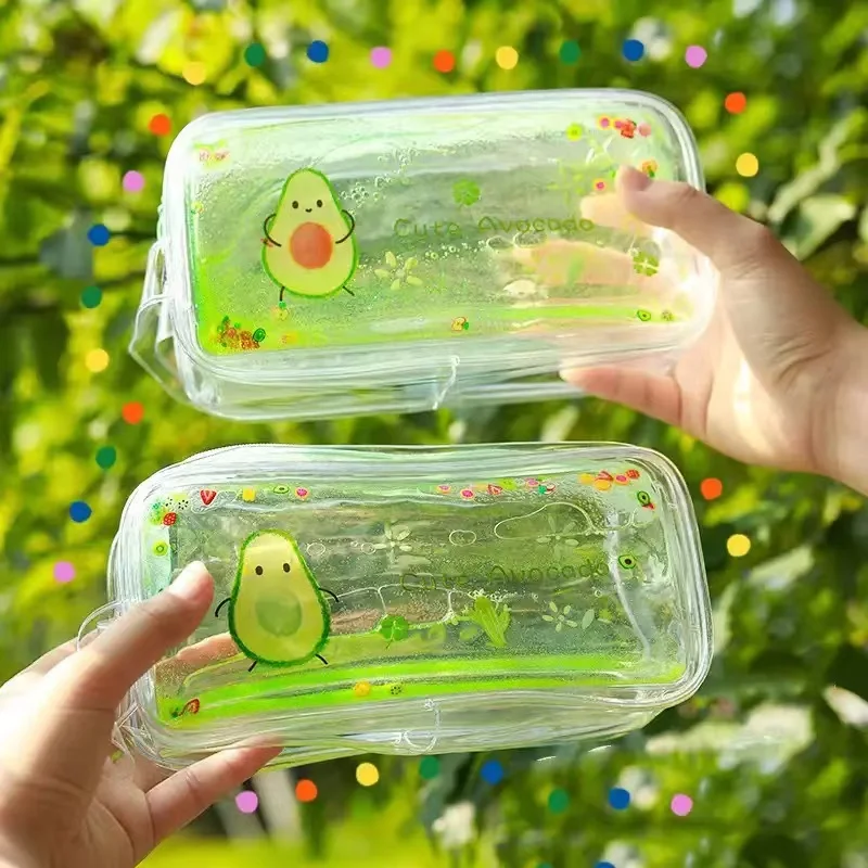 

Cute Cartoon Oil Transparent Quicksand Pencil Case Avocado Large Capacity Pen Case Portable Cosmetic Bag School Supplies