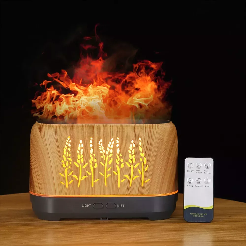 

NEW2023 New in Air Humidifier Flame Wood Grain Aroma Essential Oil Diffuser With Remote Control USB Soft Light Humidifier home a