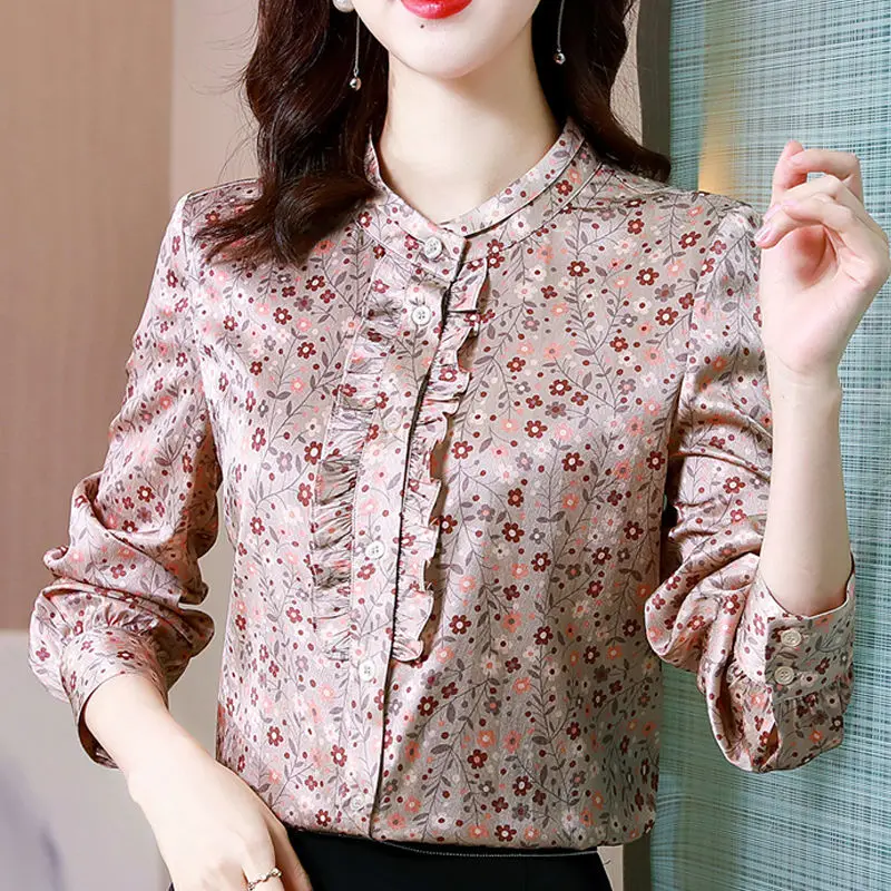 

Silk Women Shirts Fashion Satin Long-sleeve Blouse Print Womens Tops O-neck Lace Button Up Shirt OL Elegant Female Clothing