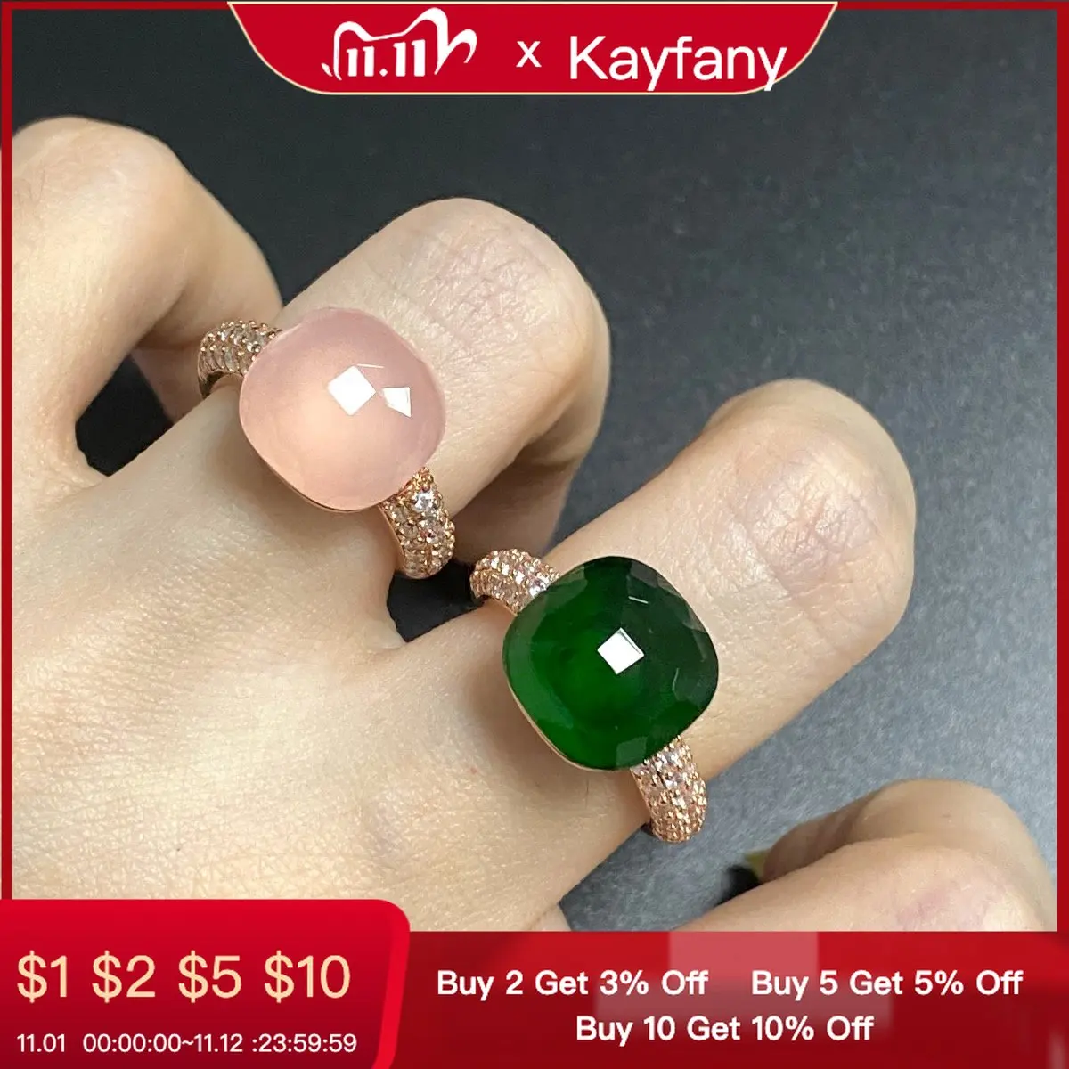 

12.6mm Pomellato Ring For Women Flat Crystal Ring Inlay Zircon Sweet Candy Color Ring Gold Plated Candy Crystal Square Ring