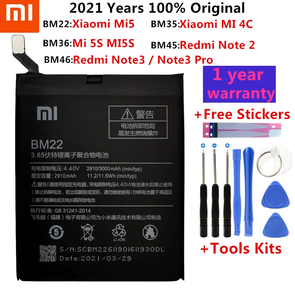 

BM35 BM36 BM22 BM45 BM46 Battery For Xiaomi Mi 5 5S 4C Redmi Note 2 3 Replacement Phone Bateria High Capacity + Free Tools
