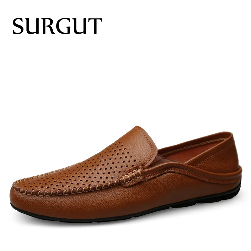 Мужские повседневные туфли без застежки SURGUT, коричневые лоферы из натуральной кожи, дышащие мокасины для вождения, обувь для весны и лета,