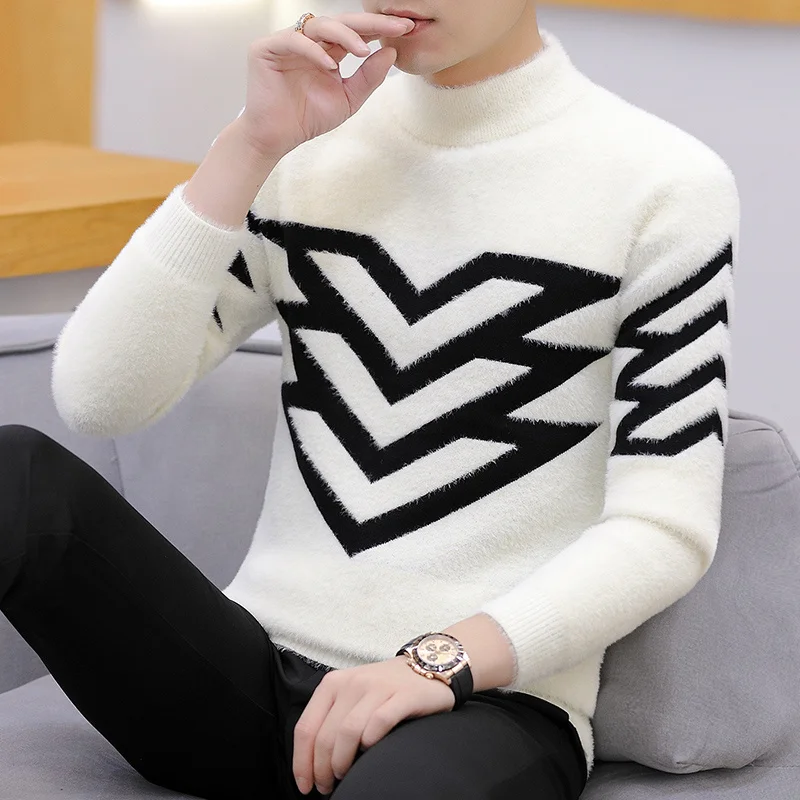 

Men Autumn/winter Fashion Heavy Knit Turtleneck Sweater Mink Cashmere Knit Handsome Slim New Pullover with Thick Foundation