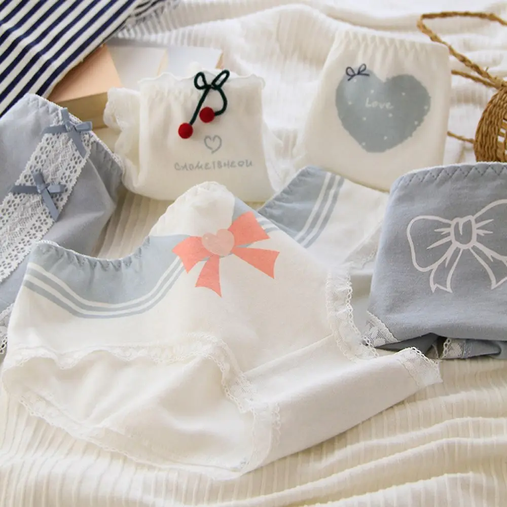 

Breathable Sweet Love Heart Preppy Style Cotton Girls Ruffle Lace Briefs Mid-Waist Panties Women Underwear Bow Lingerie
