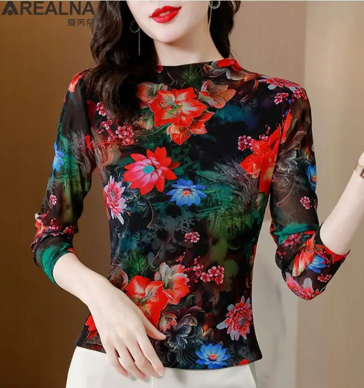 

42 style ! autumn Stretch Floral Print t-shirts korean fashion Half Turtleneck Long Sleeve Slim t shirt women tops camisetas 4xl