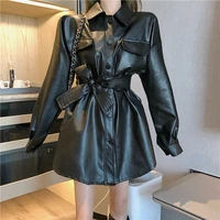pu leather jackets gothic fashion oversized pu coat 2022 new elegant blouses jacket women punk long sleeve tops with belt female