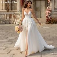 sexy backless boho a line wedding dress for women sleeveless lace appliques bridal gown spaghetti straps train robe de mariee