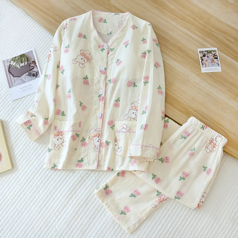 Cotton Women's Pajamas with Chest Pads Four Seasons Thin Long-sleeved Bra-free Loose Casual Sleepwear Home Set Two-piece Suit