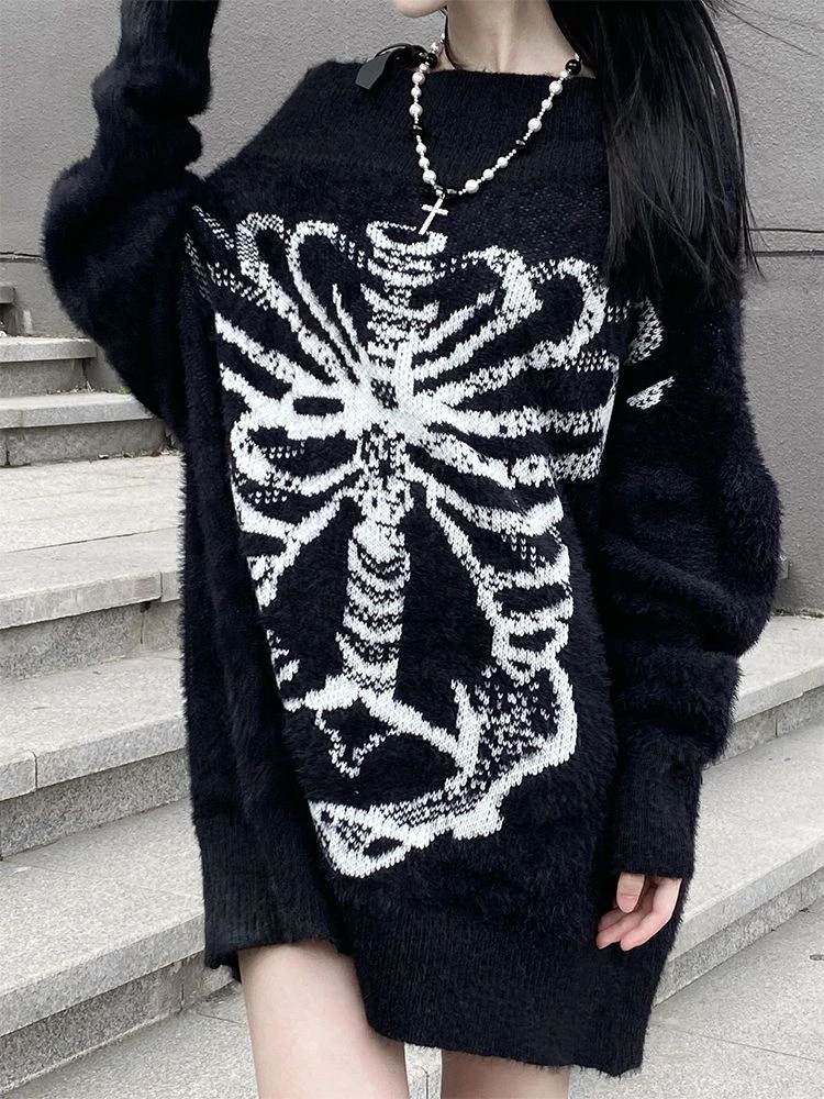 

2023 Emo Grunge Sweater Fashion Streetwear Y2k Aesthetic Black pullover Skull Print Gothc Women Jumper Harajuku Loose Knitwear