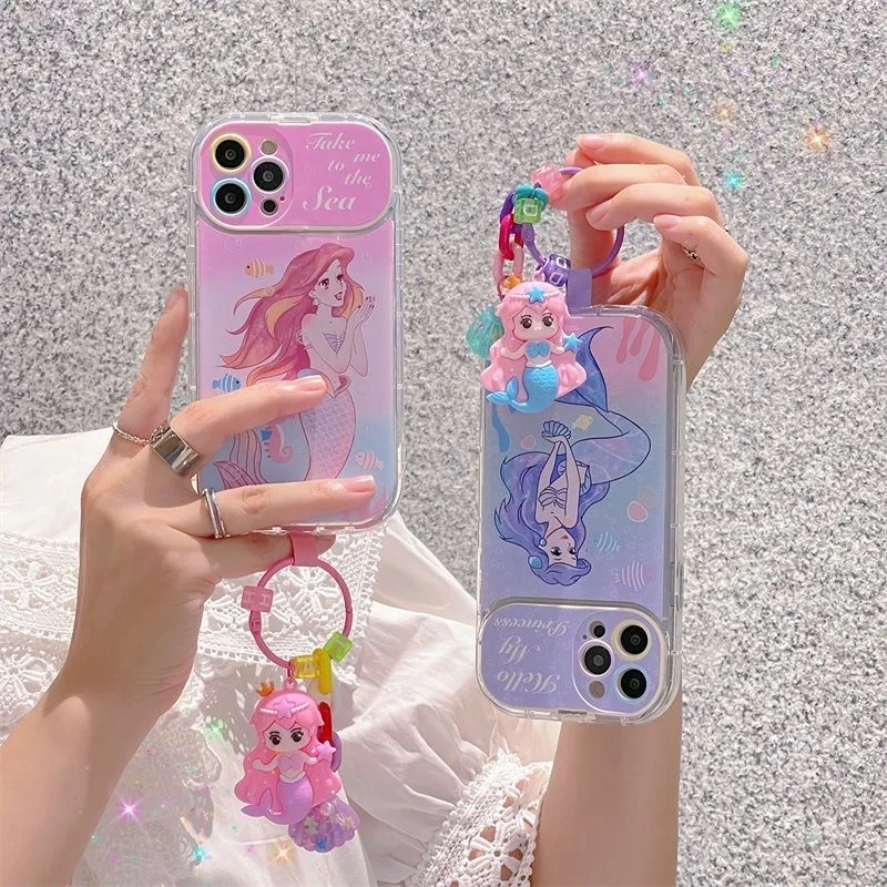 

Disney The Mermaid Princess Ariel With 3D Doll ornaments makeup mirror holder Phone Case For Iphone 11 12 13 Pro Max Xs Xr Cover