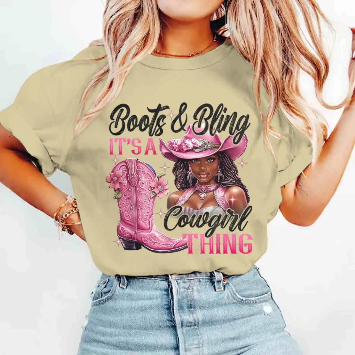 Фото Ретро-сапоги и Bling its a Cowgirl Thing Графическая футболка Модные повседневные футболки с короткими рукавами Футболки с принтом тай-дай Женская одежда №4