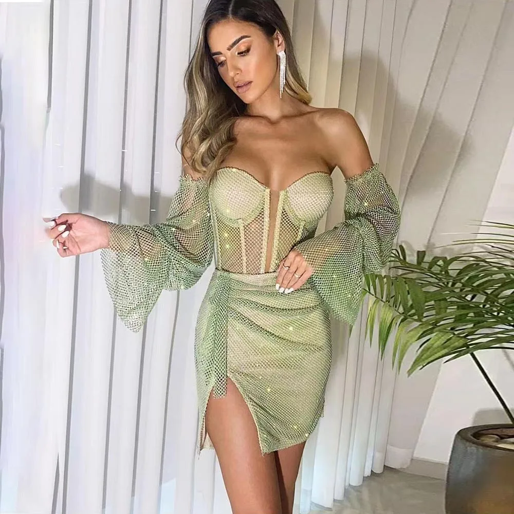 Купи Sexy Cocktail Dress Mini 2022 Sweetheart Bodycon Sparkly Diamonds Cocktail Gown with Lattern Sleeves Slit Illusion Party Dresses за 8,342 рублей в магазине AliExpress