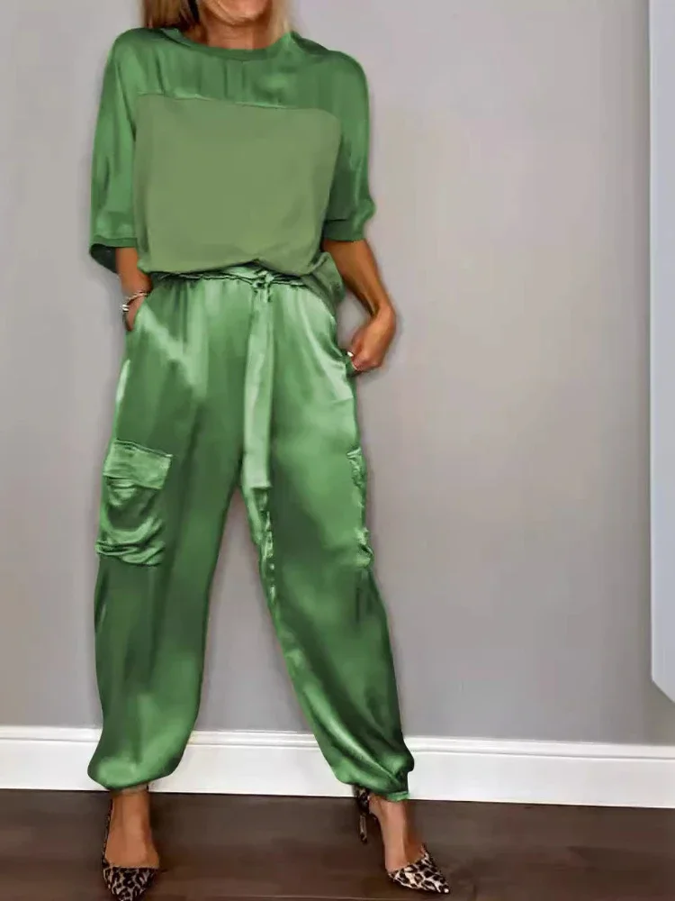 Женский Элегантный Комплект Из Двух Предметов Шелковая Рубашка Atlassan Рукав Три