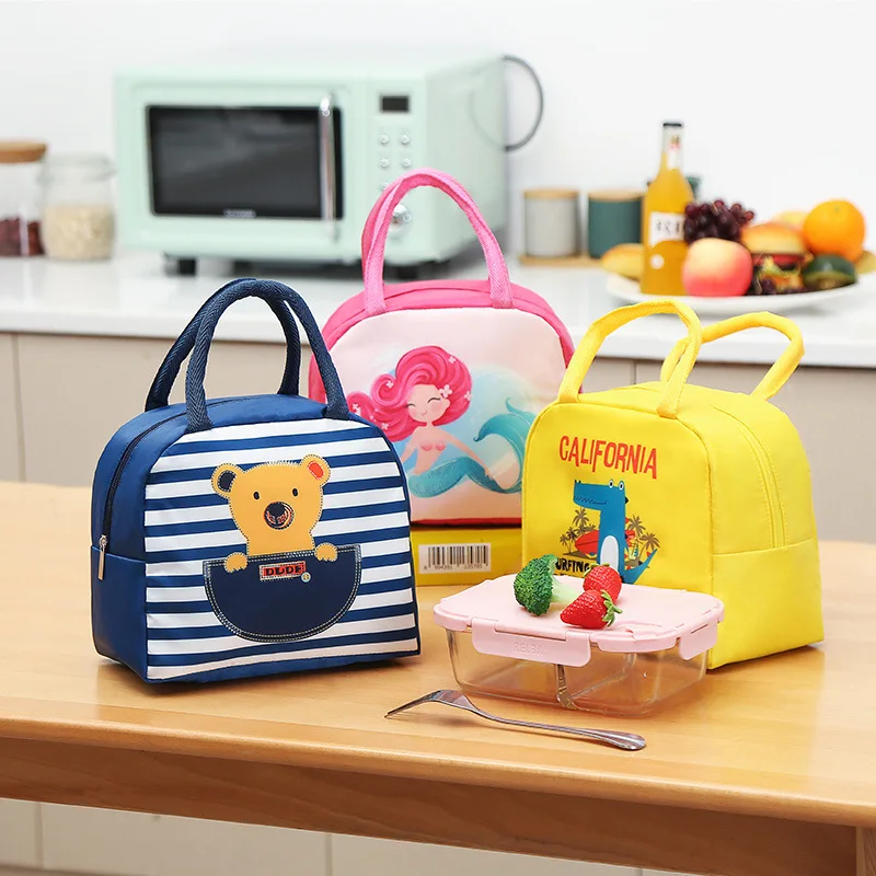 

2023 Portable Thermal Bag Children Kids Lunch Bag School Student Cartoon Oxford Cloth Bag Animals Print Container Loncheras