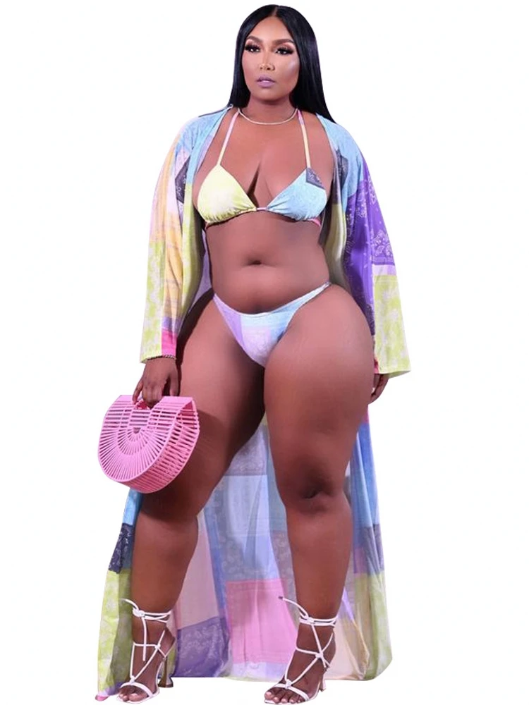 

Новинка 2022, сексуальный комплект бикини из трех предметов, накидка, купальник, женский купальник с принтом, купальный костюм с длинным рукав...