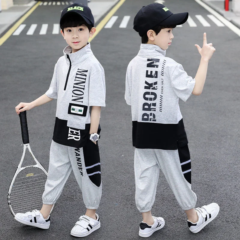 

2023 Summer New Boys' Set Mid size Children's Sports Two Piece Set Short Sleeve Casual Fashionable Fashion Clothing Hot Sale
