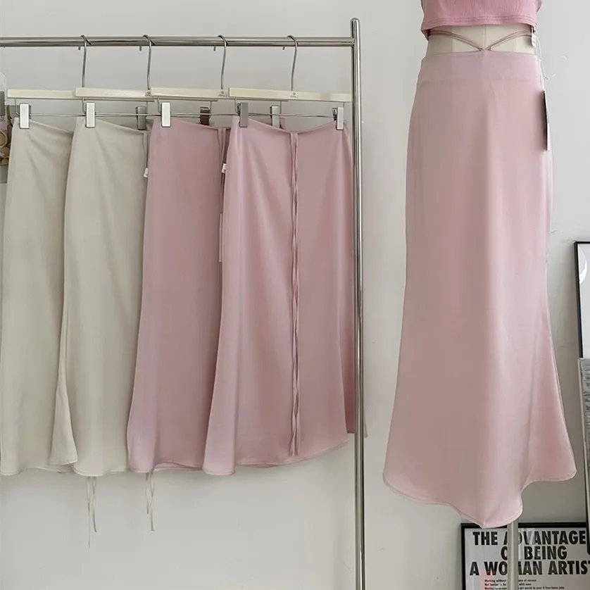 

Lauri Laki New Satin Long Skirt Women Elegant Solid Trumpet High Waist Mermaid Skirt Summer 2023