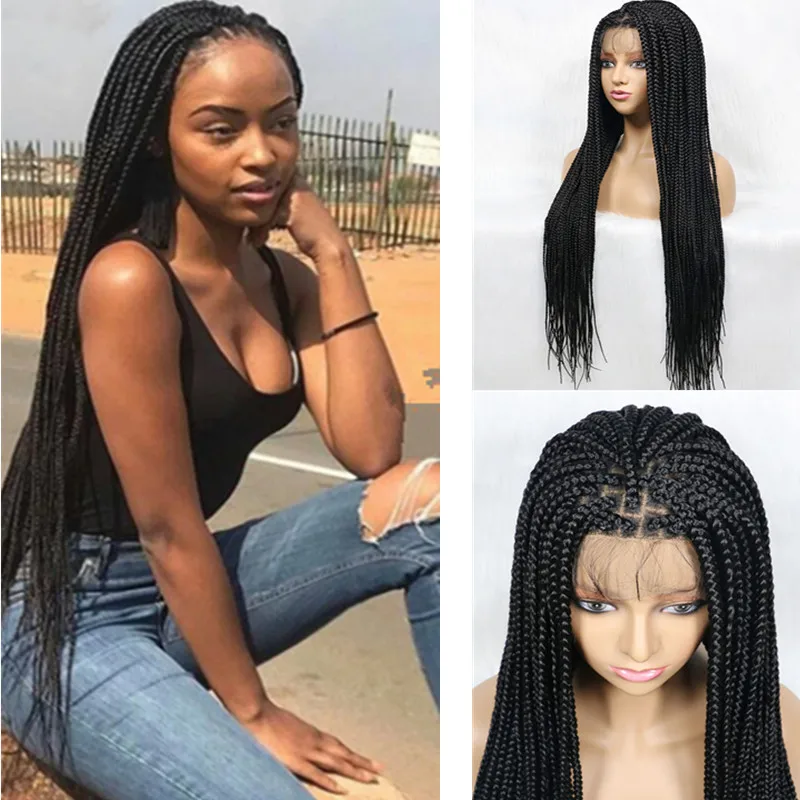 

Full Lace Front Braided Wigs Black Hand Lace Frontal Baby Black Women 30-34inch Wig For With Natural Box Braided Wigs Hair Swiss