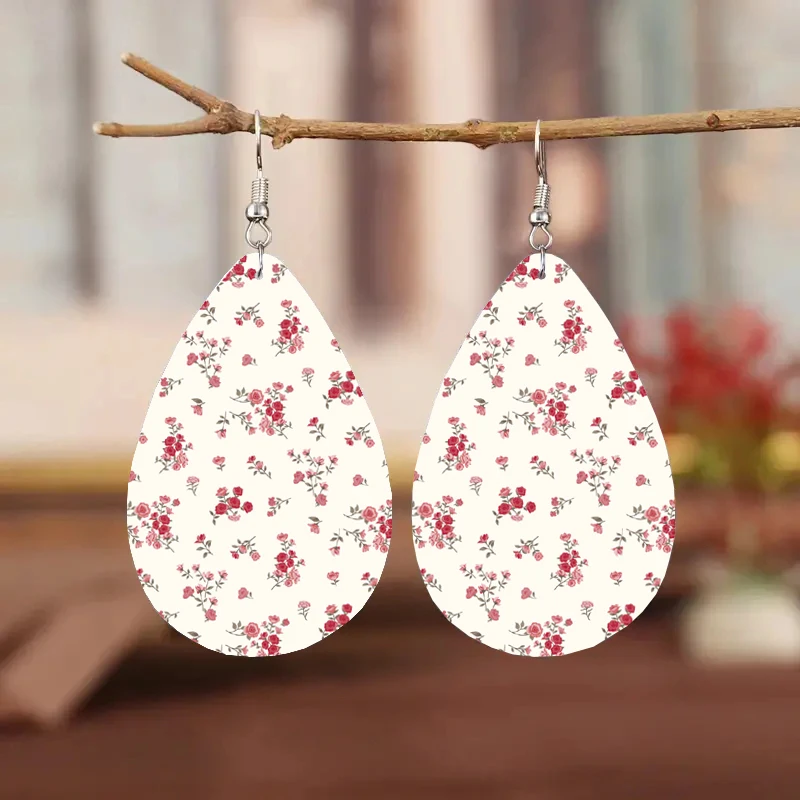 

1Pair Bohemian Fashion Style PU Leather Droplet Earrings Flower Print Men's and Women's Daily Wear Ear Jewelry Creative Personal