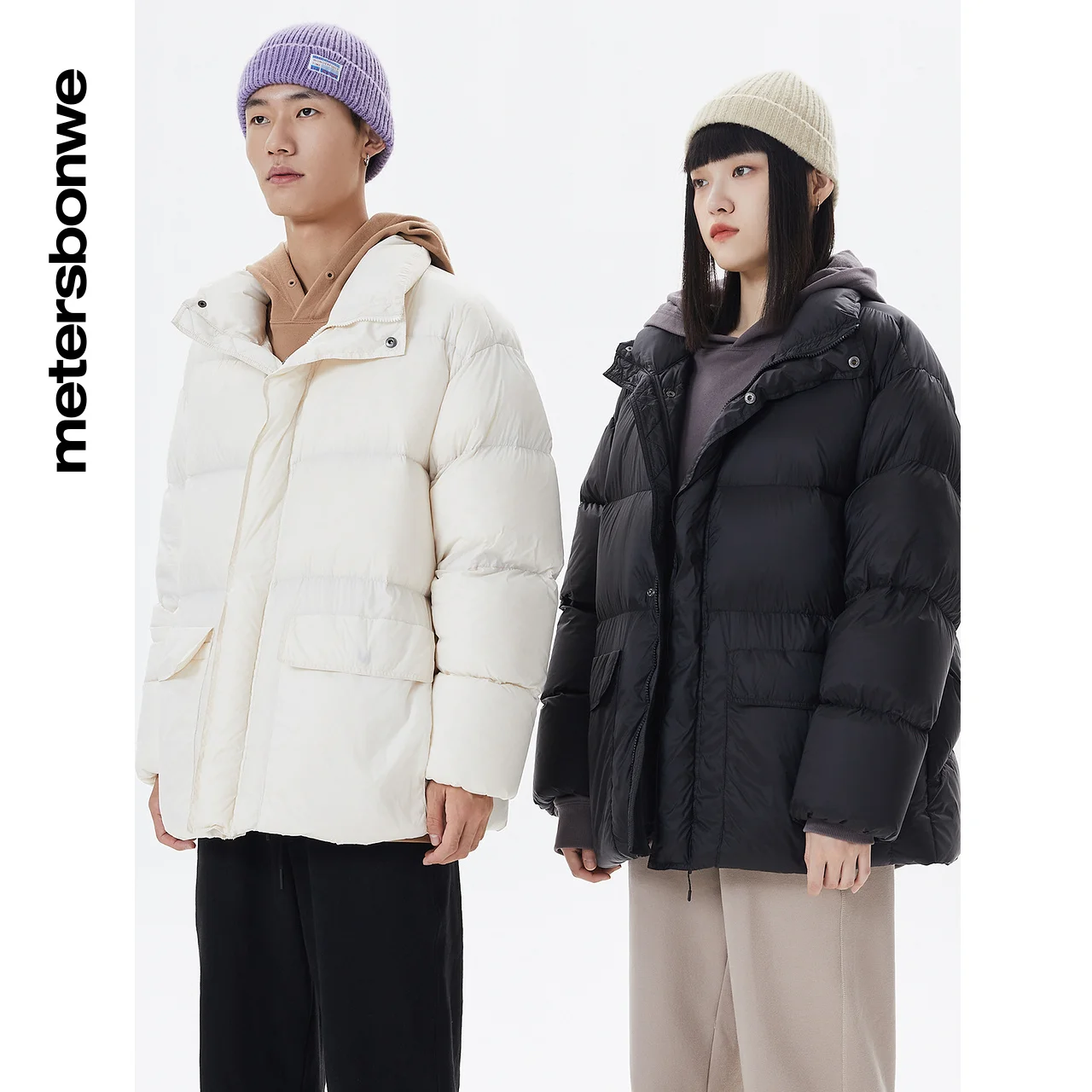 Metersbonwe Light Soft Down Jacket Men Winter Warm 90%Gray Duck Down Multi Pockets Couple Down Coat Women Loose Puffer Coat