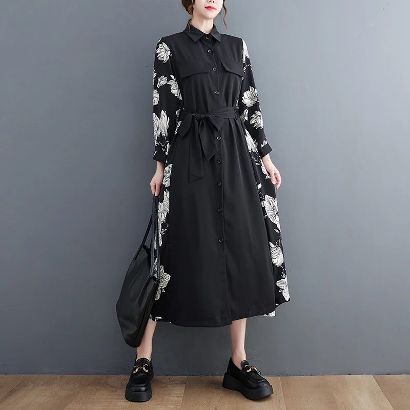 

Женское длинное платье-блуза с цветочным принтом, темно-черное