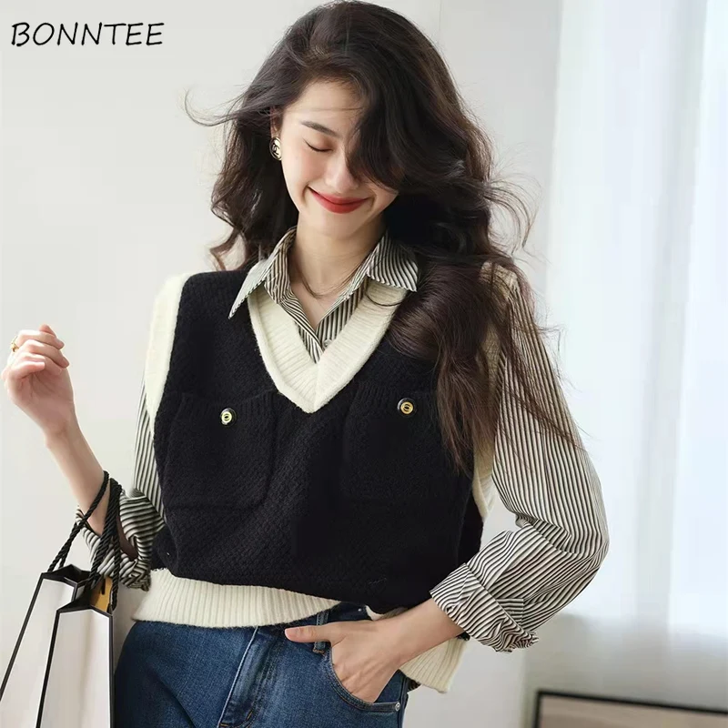 

Sweater Vests Women Tender Vintage Panelled Teens Knitted Stretchy V-neck Sleeveless Preppy Style All-match Cozy Fashion Simple